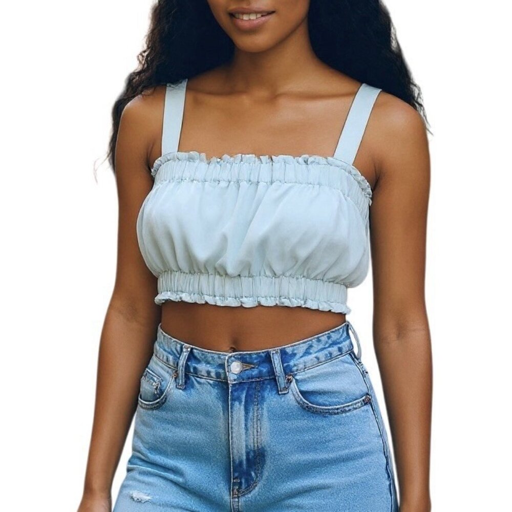 WEEKEND Los Angeles Chambray Bandeau Crop Top L XL Glacier Mineral Wash Scrunch